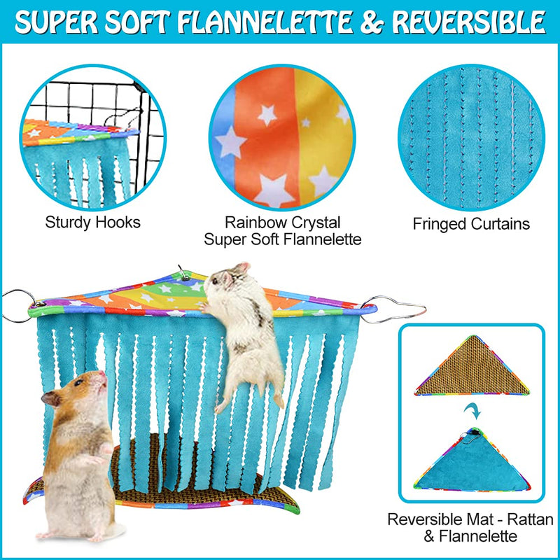 HOMEYA Hamster Tunnel House Cave Nest & Winter Warm Sleeping Bag for Small Pet, Small Animals Hideout Tunnel with Fleece Forest Curtain, Guinea Pig House Plush Bed for Hedgehog Rat Ferret Chinchilla Rainbow