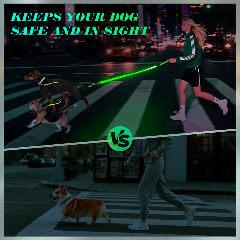 LED Double Dog Leash, No Tangle 360° Swivel Heavy Duty Dog Walking Leash with Two Padded Handles for Two Dogs (Green) Green - PawsPlanet Australia