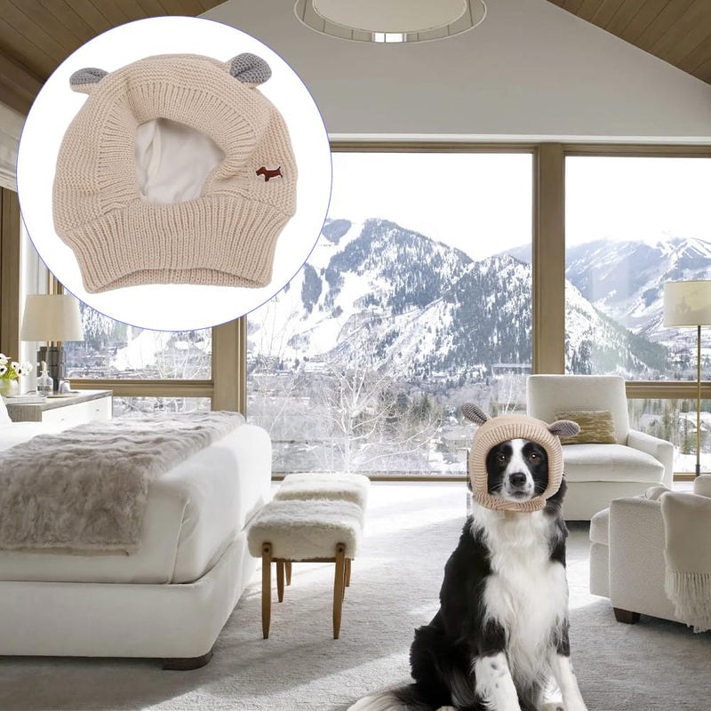 Tiiyee Quiet Ears for Dogs, Pet Ear Covers Hoodies Earmuffs Snood Noise Protection for 33-55lb Medium to Large Pets Knitted Fabric Hat Warm Winter Scarf Head Wrap Anti Anxiety Barking Headwear(Beige)