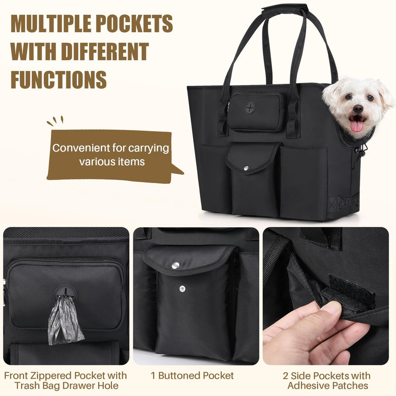 SlowTon Dog Purse Carrier - Portable Dog Carrier with Pockets & Safety Leash for Small Dogs Under 12 lbs, Breathable Pet Tote Bag for Cat Rabbit Outing, Travel, Vet (Black) Black