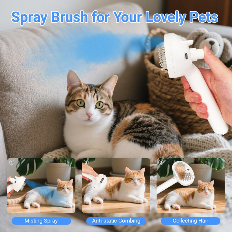 Cat & Dog Steam Brush for Shedding, Pet Hair Removal Tool with Spray, Anti-static Comb & Brush for All Pets, White - PawsPlanet Australia