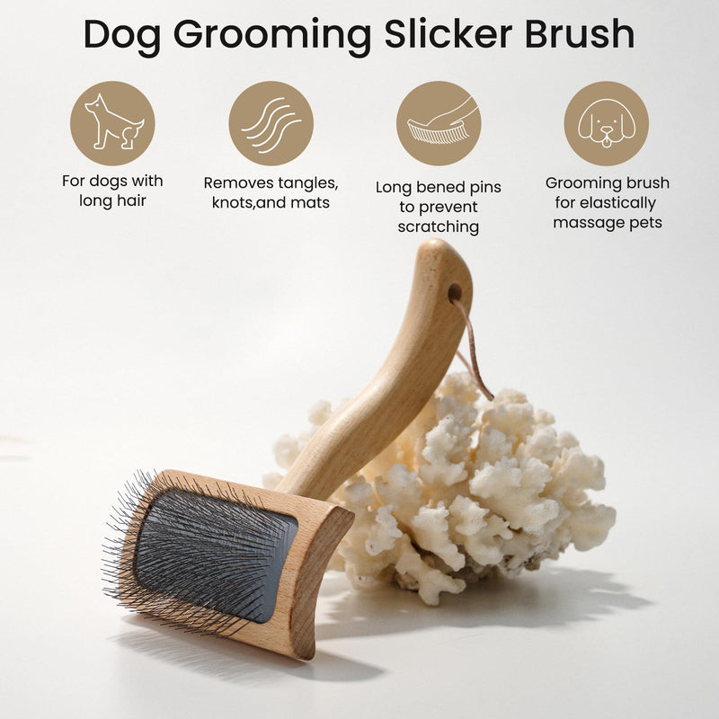 Dog Slicker Brush for Shedding,Dog Brush for Long Haired Dogs & Remove Tangles & Mats,Ergonomic Handle Grooming Like Professional,Beech Wood,M M