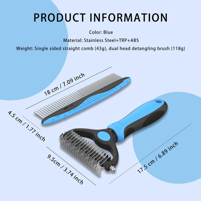 2 Piece Pet Grooming Rake and Brushes, Pet Combs, Dog Cat Comb, Stainless Steel Teeth, TPR Handle, 2-in-1 Single Sided Comb & Detangler for Dogs & Cats, for Removing Loose Hair, Mats, Tangles (Blue)