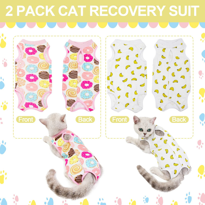 Cat Recovery Suit for Abdominal Wounds or Skin Diseases, 2 PCS Cat Surgery Recovery Suit Breathable E-Collar Alternative for Small Medium Pets After Surgery Wear, Banana and Donut, L