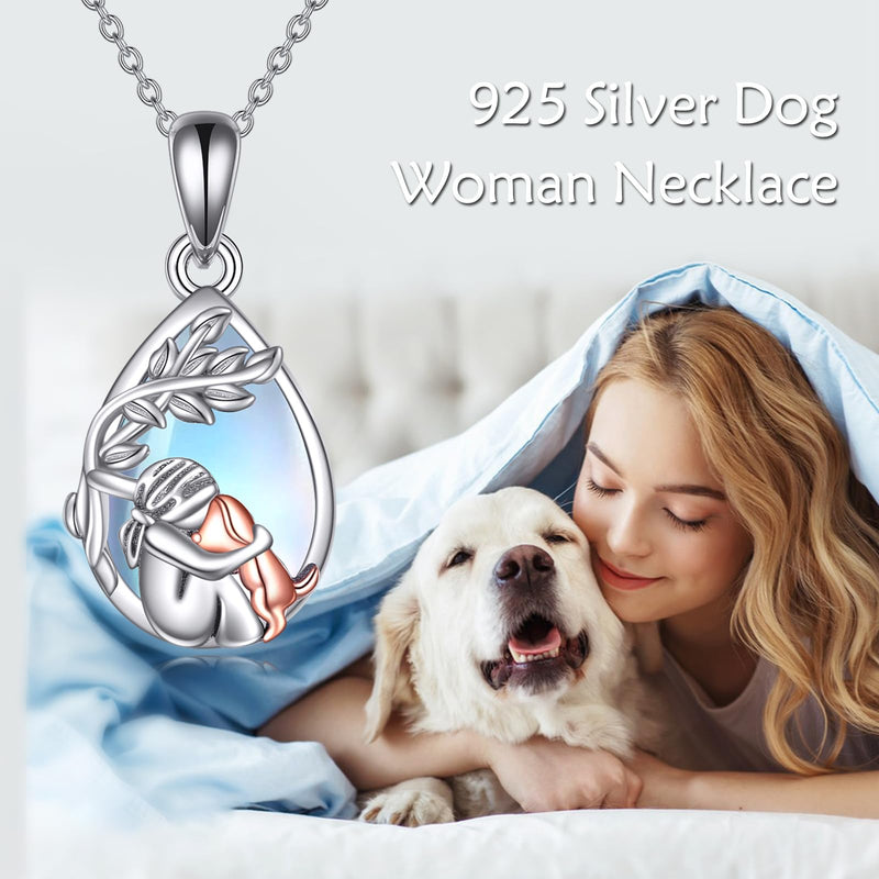 YFN Sterling Silver Teardrop Moonstone Pendant Necklace Jewelry with Honeybee Bee/Dog/Flower Necklace for Women 18 Inch Silver-Dog Necklace