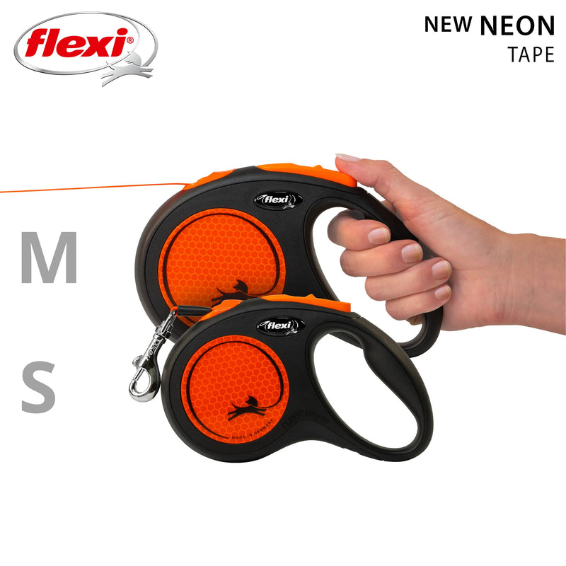 flexi Neon M Tape 5 m black/neon-orange, retractable leash for dogs up to 25 kg - PawsPlanet Australia
