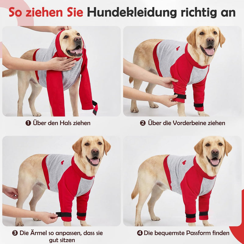 Eyein Dog Body Suit After Surgery, Front Leg Protective Sleeve with Soft Padding to Prevent Licking and Protect Wounds After Operations, Breathable Long-Sleeve Shirt for Dogs and Pets (Red, S)