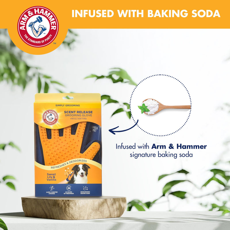 Arm & Hammer “Simply Calm” Dog Grooming Deodorizing Glove with Fragrance Transfer Technology –Scented Silicone Hand Brush for Bathing & Shedding, Sweet Lily & Vanilla Scent Navy & Yellow Grooming Pet Glove - Sweet Lily & Vanilla - PawsPlanet Australia