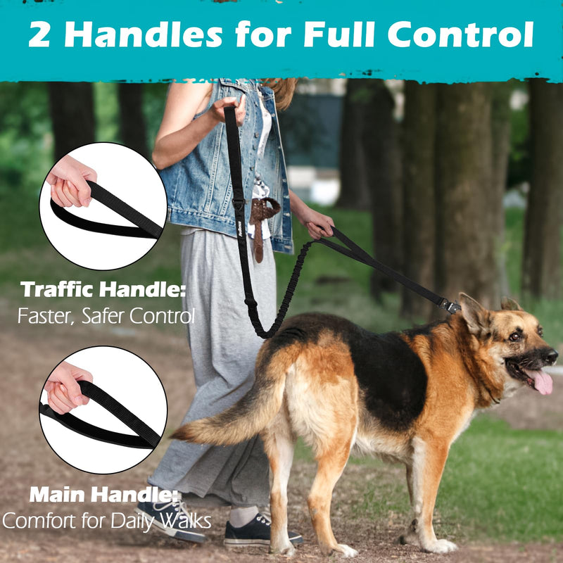 PetBonus Heavy Duty Tactical Dog Lead, 150 cm Bungee Shock Absorption Lead with 2 Padded Handles, Quick Release Metal Clip, Car Seatbelt, No Pull Training Leash for Large Medium Dogs (Black) Black