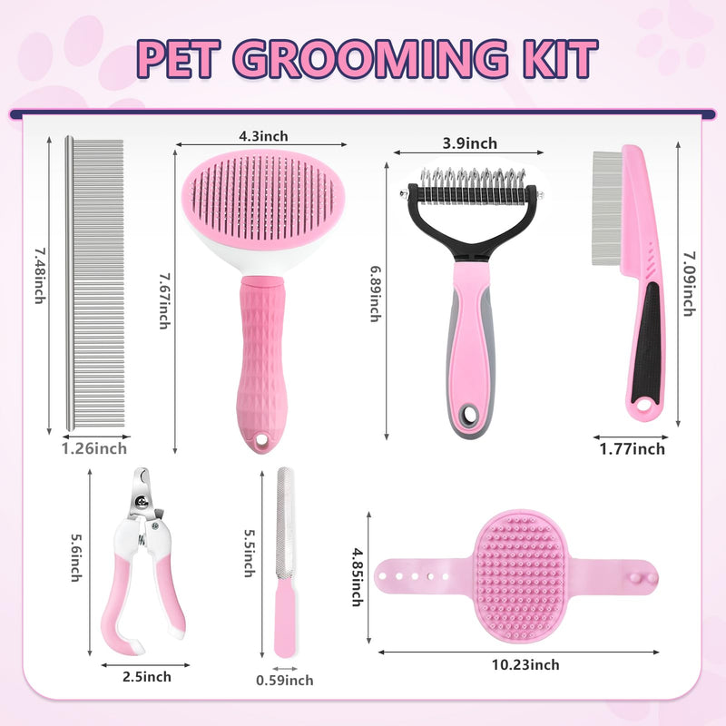 Dog Brush Dog Grooming Kit 7PCS Dogs Brush for Shedding-Dogs Brushes for Grooming, Dematting Comb, Cat Nail Clipper with Nail File, Flea Comb, Pet Comb, Bath Brush-Pink Pink 7Pcs+Bag - PawsPlanet Australia