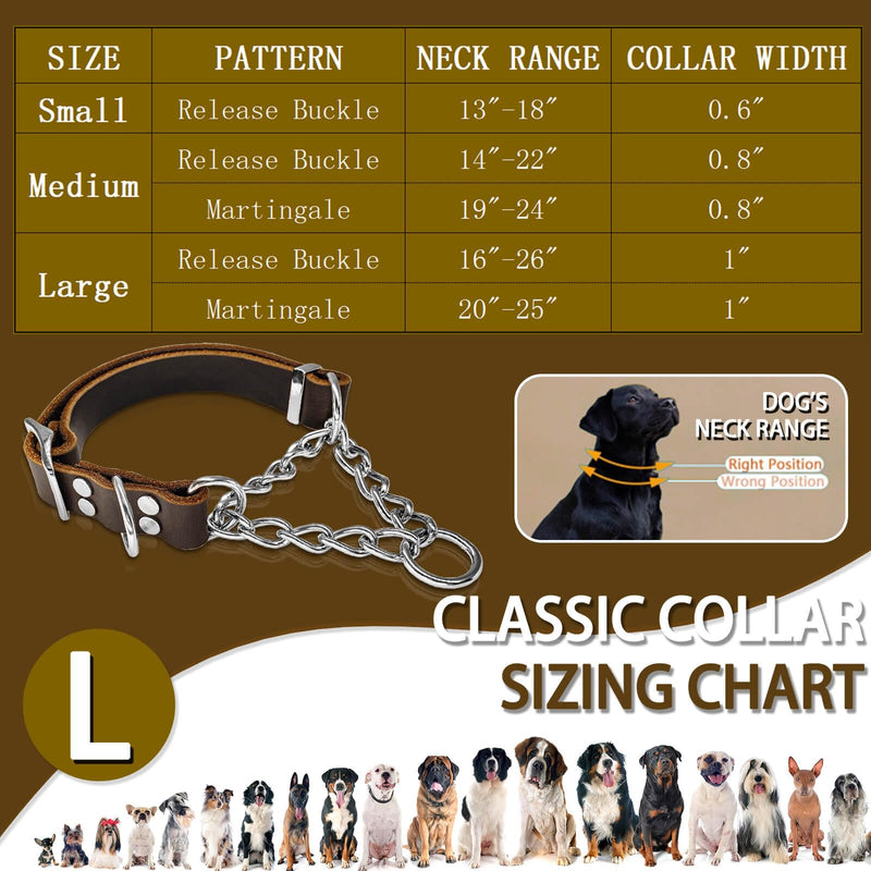 Leather Martingale Dog Collar, Soft Genuine Cowhide Handmade Assembled Stainless Steel Chain Martingale Collar Adjustable for Medium Large Dogs Pets. (L, Neck 20-25"(Martingale)) L, Neck 20-25"(Martingale)