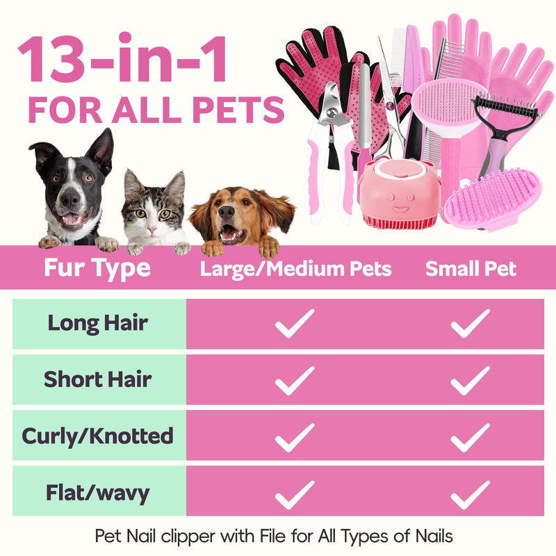 13Pcs Pet Grooming Kit - Dog Cat Deshedding Brush, Nail Clippers with File, Hair Remover Gloves & Bath Tools for Long/Short Haired Pets, Grooming Tool for Long and Short Haired Pets Pink 13pcs - PawsPlanet Australia