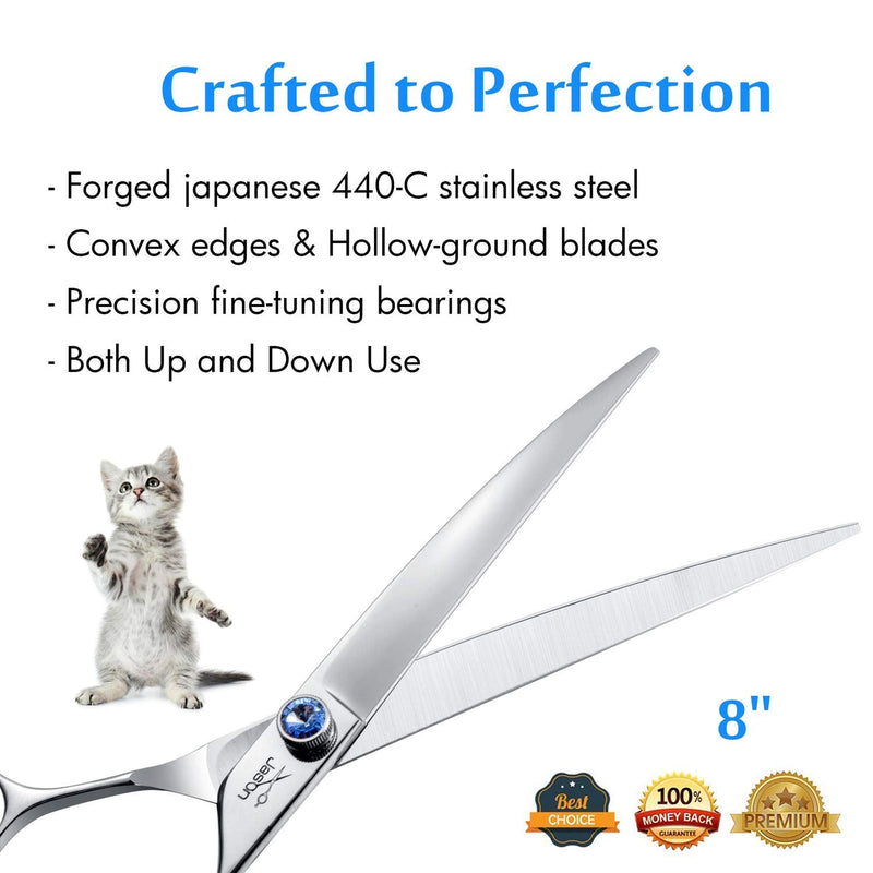 JASON 8" Curved Dog Grooming Scissors Ergonomic Pets Cats Trimming Shears with Offset Handle and a Jewelled Screw for Right Handed Groomers Long Sharp Comfortable 8.0" - PawsPlanet Australia