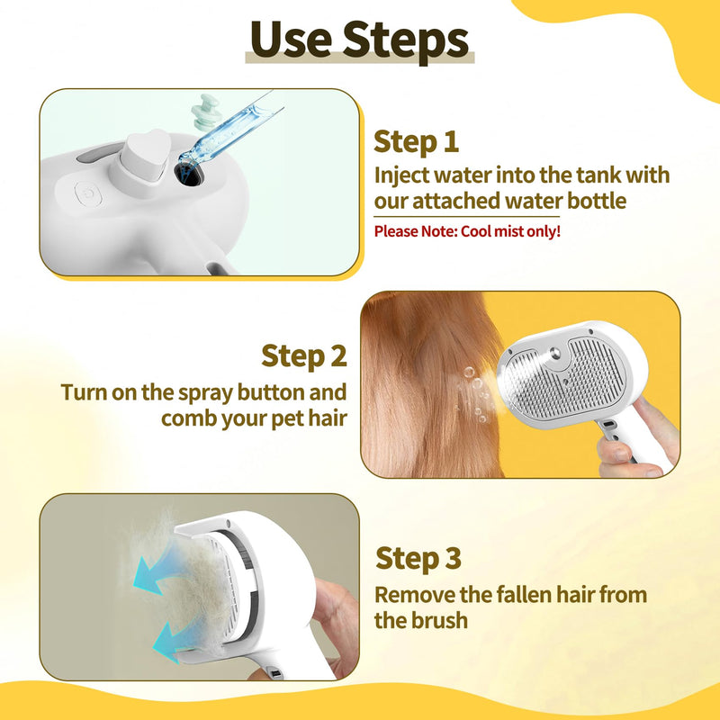 Cat Steam Brush, Pet Steam Brush for Dog & Cat, 3 in 1 Anti-Static Self Cleaning Spray Comb for Cats Dogs Small Animals Long Short Haired White - PawsPlanet Australia