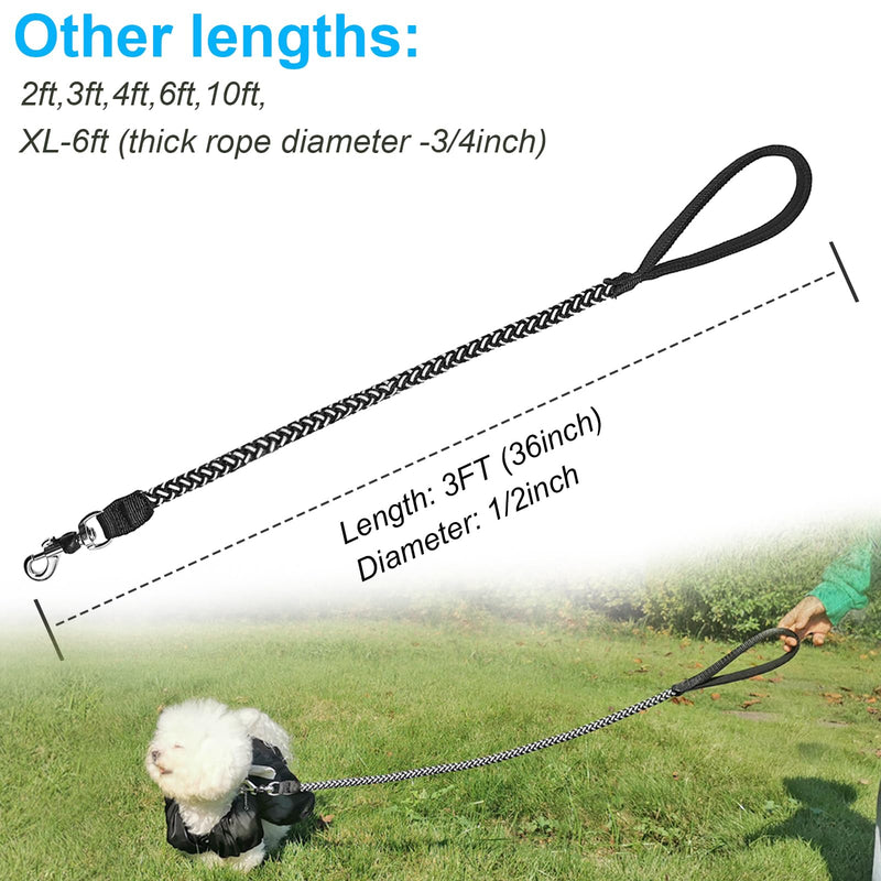 2/3/4/6/10 Foot Reflective Dog Leash Strong Nylon Rope Braided Heavy Duty for Large and Medium Small Dogs Walking Training Leads (Black, 3ft * 1/2") 3ft * 1/2" Black - PawsPlanet Australia