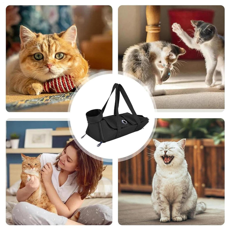 Cat Grooming Bag 'Waterproof Nylon, Adjustable, Scratch-Resistant | Anti-Bite Pet Carrier for Nail Trimming | For Small, Medium, and Large Pets. Showering, Washing, Teeth Cleaning Black M