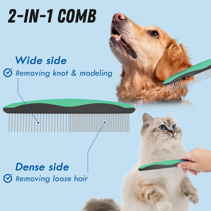 Pet Grooming Brush and Metal Comb Combo, Cat Brush Dog Brush for Shedding, Undercoat Rake for Dogs Grooming, Dematting Deshedding Brush Dogs Shedding Tool for Long matted Haired Pets, Green - PawsPlanet Australia