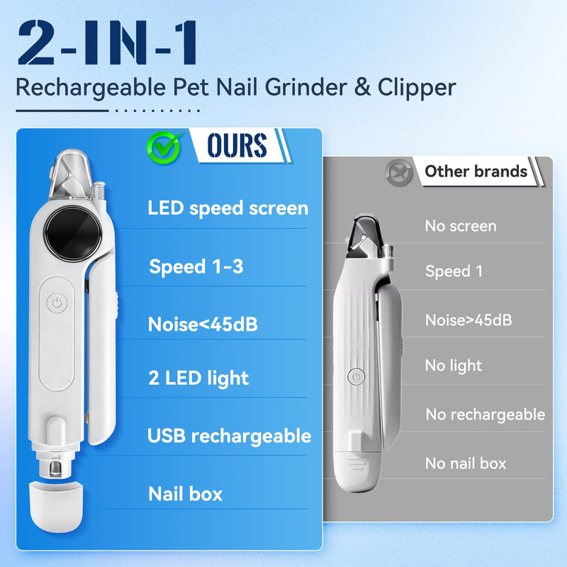 2-in-1 Dog Nail Clippers & Grinder with Light, Quiet Electric Pet Nail Trimmer for Large Medium Small Dogs & Cats, 3 Speeds, Rechargeable, Splash Guard & Safety Lock, Painless Grooming Tool (White) - PawsPlanet Australia