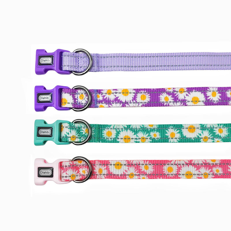 Dog Collar Leash Set, Floral Pattern, with Safety Reflective Strips, 5 ft Matching Leash, Neoprene Padded Handle, Adjustable 4 Sizes for Small Medium Large Dogs.(S, Pink Daisy) Floral Daisy Green