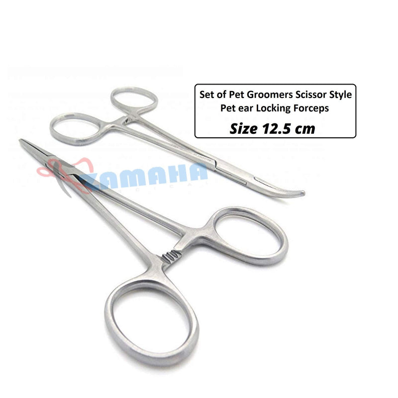 Set of Pet Groomers Scissor Style Pet ear Locking Forceps, Hemostatic Tweezers, Good Strong Animal Care, Dog/Cat groomers tool(Straight and Curved) - PawsPlanet Australia