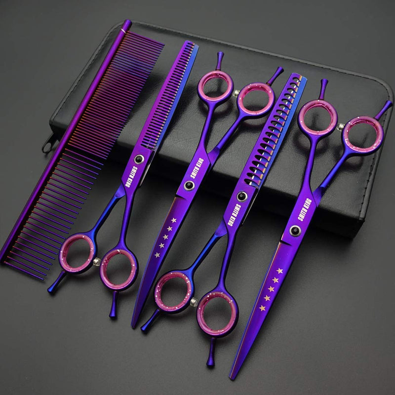 7.0 inches Professional Dog Grooming Scissors Set Straight & thinning & Curved & chunkers & comb 5pcs in 1 Set for left-handed & right handed Right-handed Purple - PawsPlanet Australia