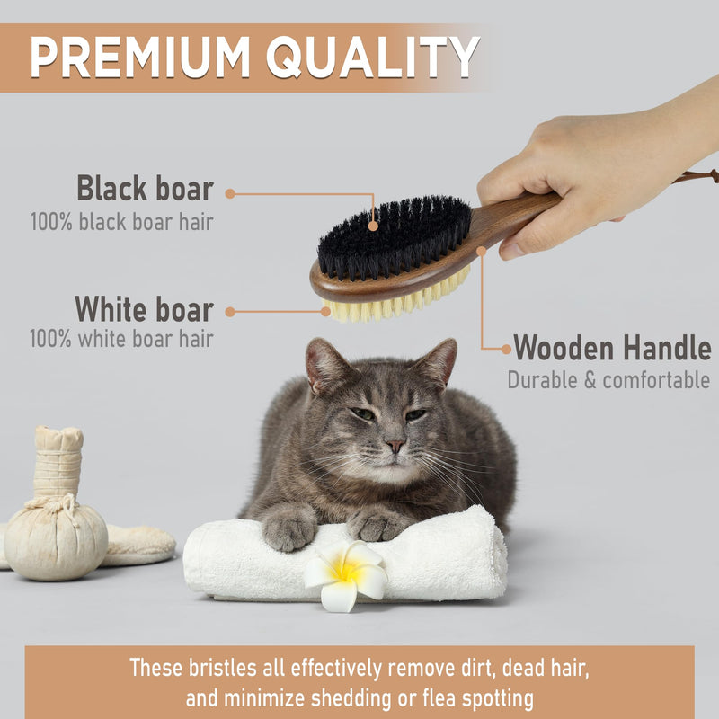 Takavu Double-Sided Boar Bristle Cat Brush - Natural Grooming Tool for Gentle Cleaning, Shine & Reduced Loose Hair - Wood Handle Pet Brush Double Side Brush - PawsPlanet Australia