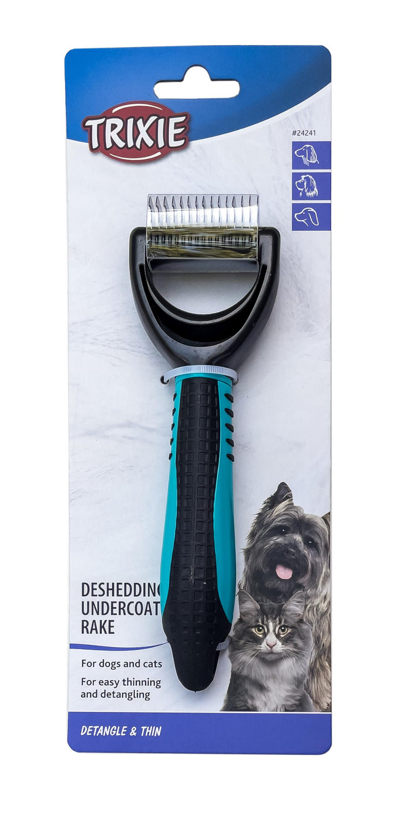 TRIXIE coat detangler for detangling and thinning - smoothes top coat and undercoat - rubberised plastic handle - 1 cm tine length - 5 x 18 cm - black/blue - 24241