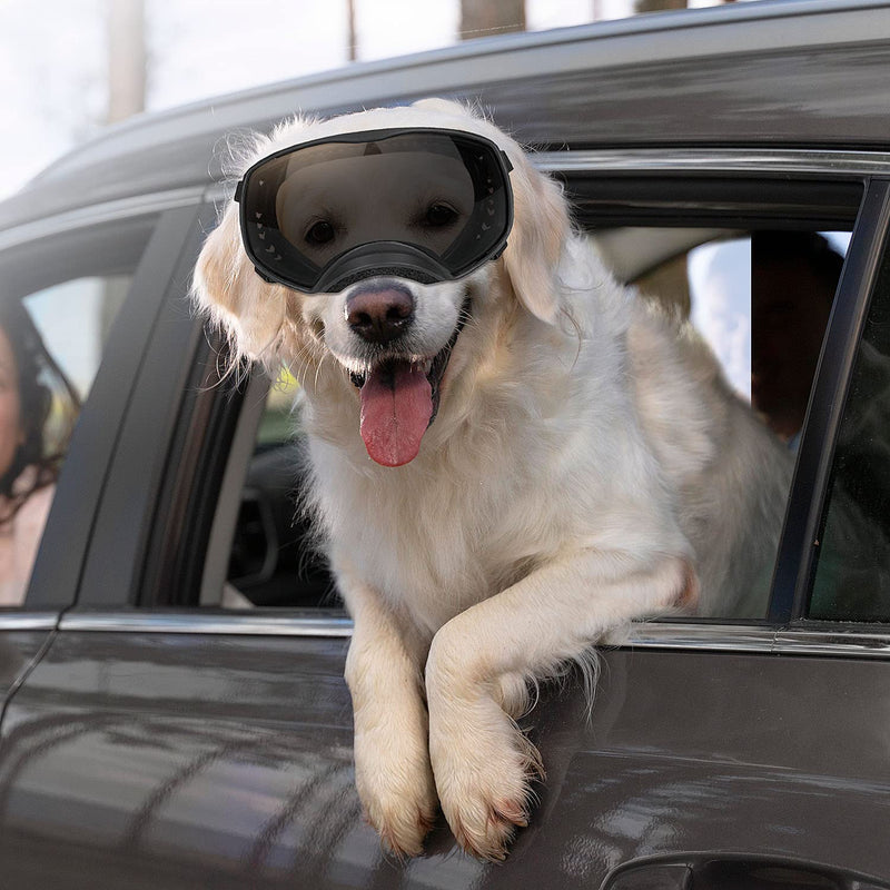 PETLESO Dog Goggles for Large Breed, Dog Sunglasses Medium Large Breed Wide View Pet Eye Protection with Adjustable Straps for Driving Riding Hiking, Black Lens - PawsPlanet Australia