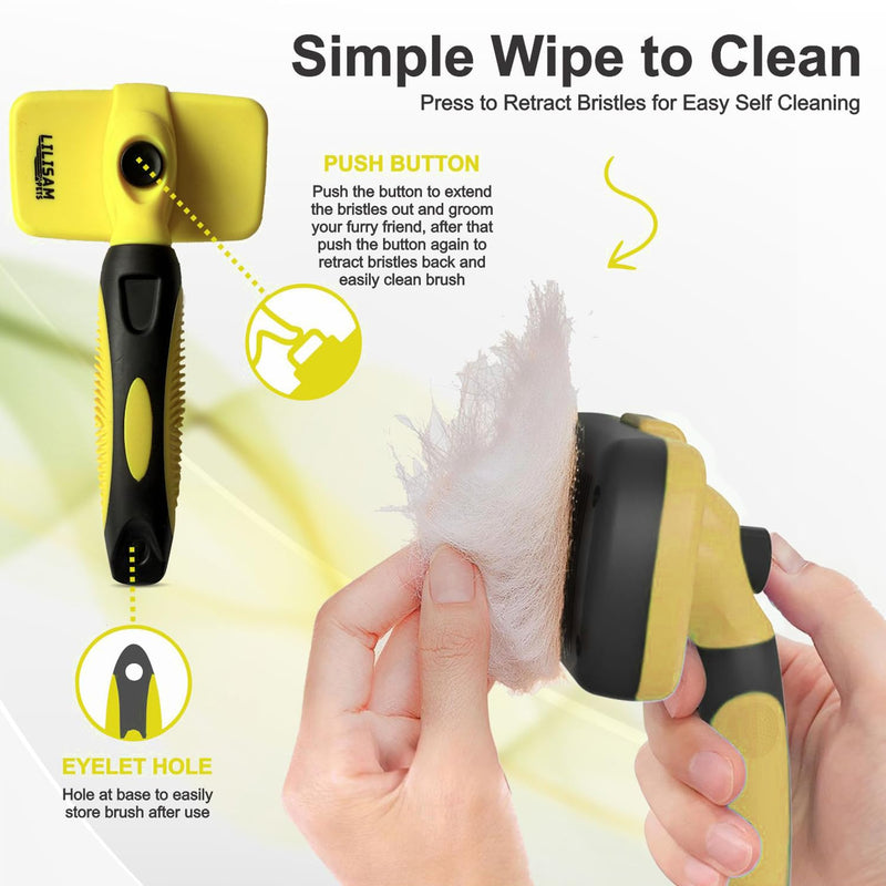 Pet Self Cleaning Slicker Brush and Grooming Comb - Gently Removes Loose Hair, Tangles, and Dirt - Skin Friendly Deshedding Grooming Tool for Hair Dogs & Cats - Pet Supplies Accessories (Yellow) Yellow - PawsPlanet Australia