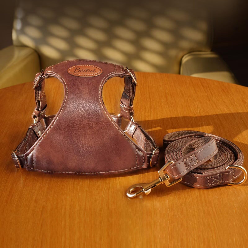 Beirui ?Stylish PU Leather Dog Harness? and Leash Set for Small Dogs, ?Adjustable Step in Puppy Harness with Breathable Mesh Lining and Durable Metal Buckle for Walking Traveling(Brown,XS) XS: Fit 4-11lbs Brown - PawsPlanet Australia