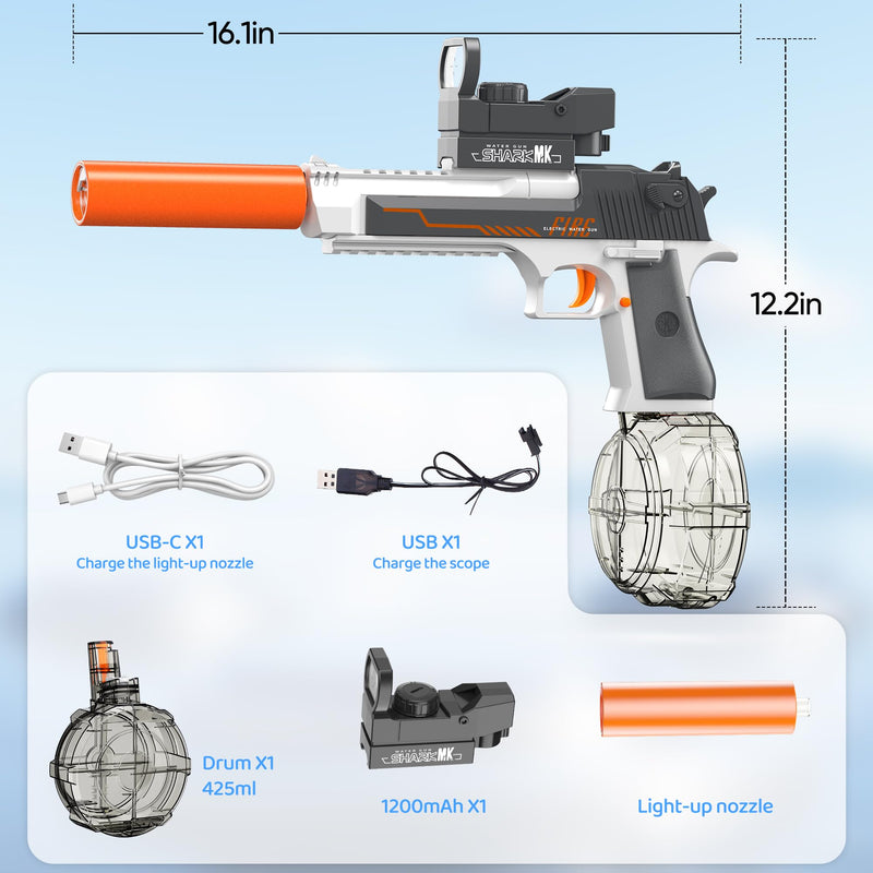 Automatic Electric Water Gun with Muzzle Flash,Powerful Squirt Guns Pistol for Adults Kids, Auto Water Blaster Pistol Outdoor Summer Toys for Pool Beach Party (Grayish-White) Grayish-white - PawsPlanet Australia