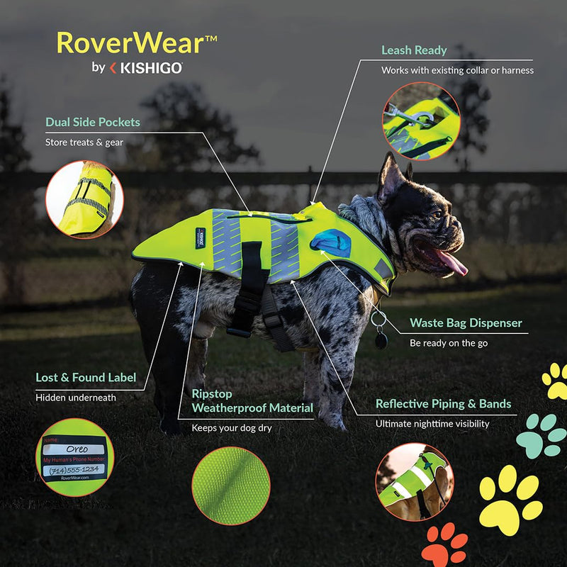 Reflective Dog Safety Vest, Harness and Collar Compatible, Waste Bag Holder, Water Resistant, Adjustable Neck and Chest, Day or Night Walking, High-Visibility Protection (Lime, S) Small - PawsPlanet Australia