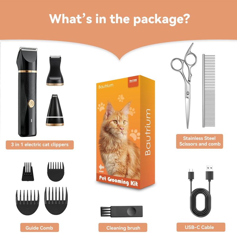 Cat Grooming Clippers Kit with Paw Trimmer, 3 in 1 Electric Pet Hair Trimmer Supplies for Thick Matted Hair, Heavy Coat Butt Shaver Cat Razor Fur Trimmer for Dogs at Home (Black) Black