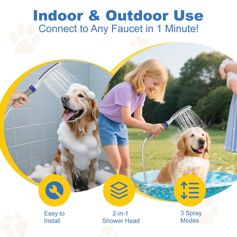 Dog Shower Attachment,Dog Shower With Brass Diverter,Pet Shower Attachment for 3 Spray Modes,8-Foot Hose With Indoor and Outdoor Adapters,for Bathing & Grooming Easy Dog/Cat Bathing and Cleaning - PawsPlanet Australia