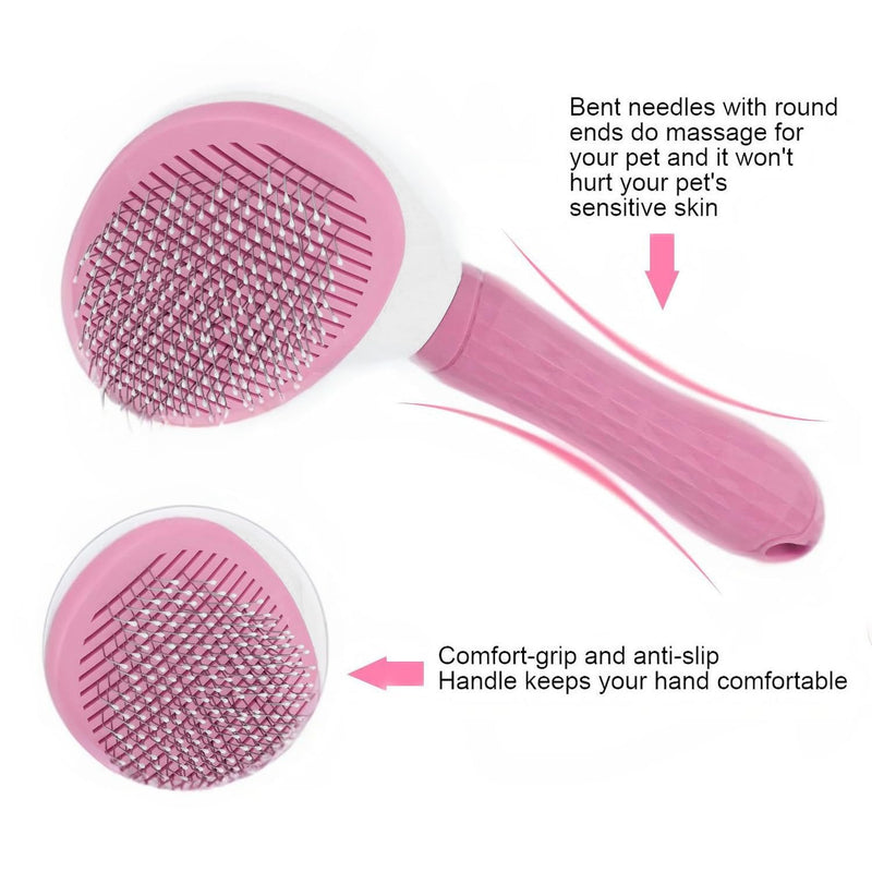 Cat Hair Brush, Cat Brush for Shedding with Metal Comb, Self Cleaning Pet Hair Brush with Release Button - Skin Friendly Deshedding Grooming Brush for Short and Long Haired Cats Pink - PawsPlanet Australia