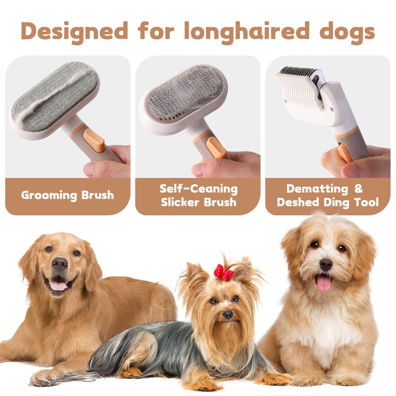 Dog Brush for Shedding, 3-in-1 Cat Hair Brush for Indoor Cats, Self Cleaning Deshedding & Grooming Brush, Furminator for Long & Short Hair Pets