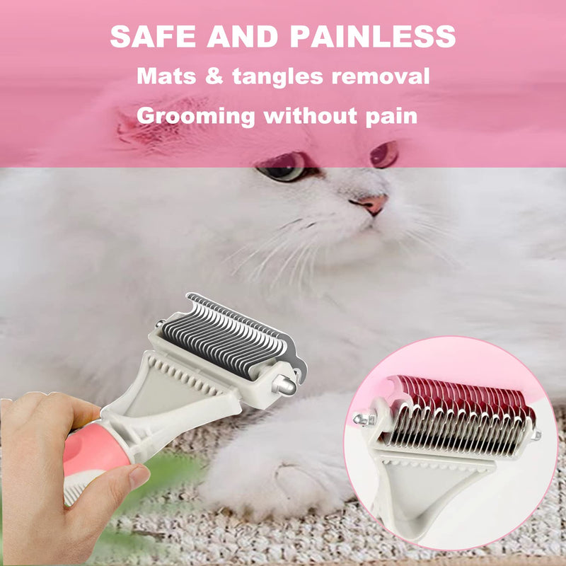 Pet Dematting Comb - 2 Sided Undercoat Rake for Cats & Dogs - Safe Grooming Tool for Easy Mats & Tangles Removing - Medium and Long Haired Cats Dogs Brush for Shedding Pink