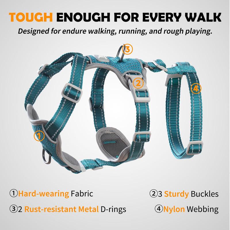 Huntboo Escape Proof Dog Harness – No Pull, No Slip, Fully Reflective, Adjustable 7-Point Design for Small, Medium, and Large Dogs – Lightweight for Outdoor Training & Hiking (Teal, M) Medium (Pack of 1) Teal - PawsPlanet Australia