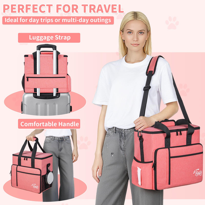 TORIBIO Dog Travel Bag,Large Pet Travel Bag for Supplies with 2 Food Container and Collapsible Bowls,Dog Travel Supplies Organizer Kit for Weekend,Road Trips,Camping Pink - PawsPlanet Australia