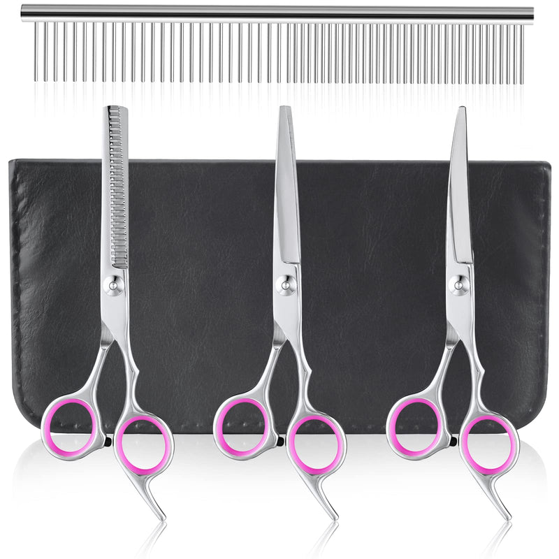 Dog Grooming Scissors, 5 Pcs Stainless Steel Pet Trimmer Kit, Fashion Hair Cutting Grooming Tool for Dogs and Cats - with 6-inch Cutting Scissors, Thinning Shear, Curved Scissors, Grooming Comb Pink 4 in 1