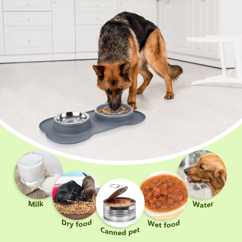 Pecute Slow Feeder Dog Bowls to Slow Down Eating, Dog Bowl Slow Feeder with No-Spill Non-Skid Silicone Mat, Food-Grade Safe Dog Food Bowls Slow Feeder, Stainless Steel Dog Water Bowl for Dogs Cats Medium-1¾ Cup/13.5 oz each Grey - PawsPlanet Australia