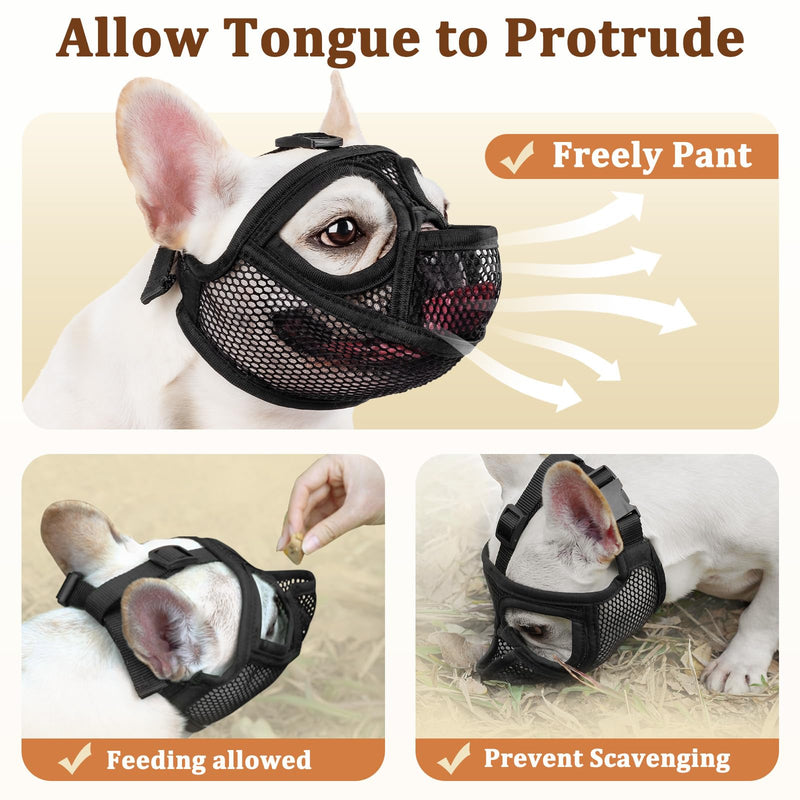 Mayerzon French Bulldog Muzzle, Mesh Short Snout Dog Muzzle for Flat-Faced Dogs Pug English Bulldog, Allows Full Panting & Drinking, Prevents Chewing Eating, Ideal for Grooming Vet Visits Walking Black S [Head Cir: 15"-17.5"] - PawsPlanet Australia