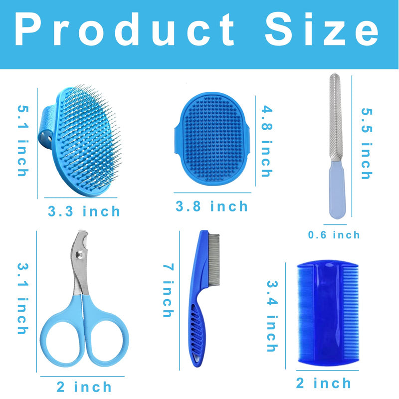6Pcs Grooming Kit with Brush, Hair Remover, Shampoo Brush, Double-Sided Comb, Nail Clipper and Trimmer for Rabbits, Hamsters, Bunnies, and Guinea Pigs - Blue