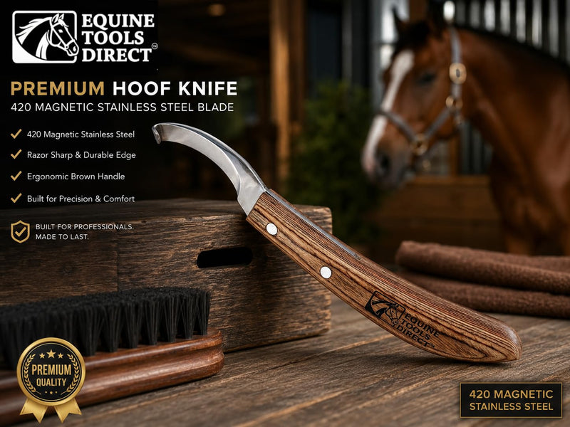 Curved Blade Hoof Knife, J2 420 Magnetic Stainless Steel, Right-Hand, Ergonomic Wooden Handle, Professional Farrier Trimming Tool