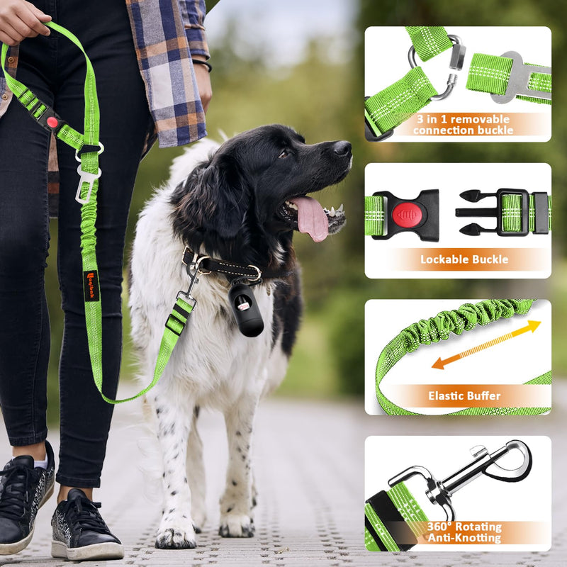 Removable Dog Seat Belt Harness for Car, 3 in 1 Pet Dog Car Seatbelt Leash, Retractable Restraint Secures to Vehicle Headrest & Adjustable Reflective Bungee Dog Seatbelt Tether, Green and Black Black+Green - PawsPlanet Australia