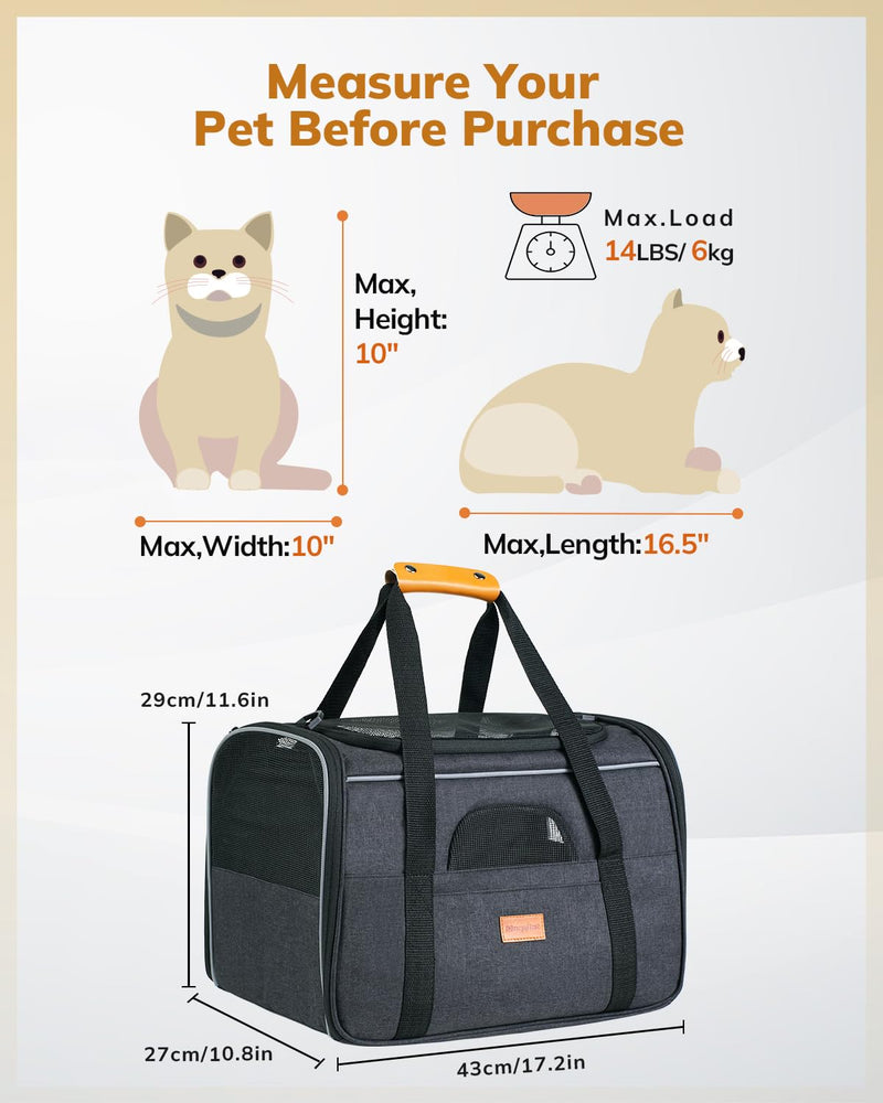 Morpilot Cat Carrier Soft - Portable Pet Carrier for Small or Medium Cats, Dogs and Puppy up to 14lbs, Airline Approved Dog Carrier with Safety Buckle and Foldable Bowl - 17 x 11 x 12 Inch (Dark Gray) 17.2"L x 10.8"W x 11.6"H Gray & Bowl - PawsPlanet Australia