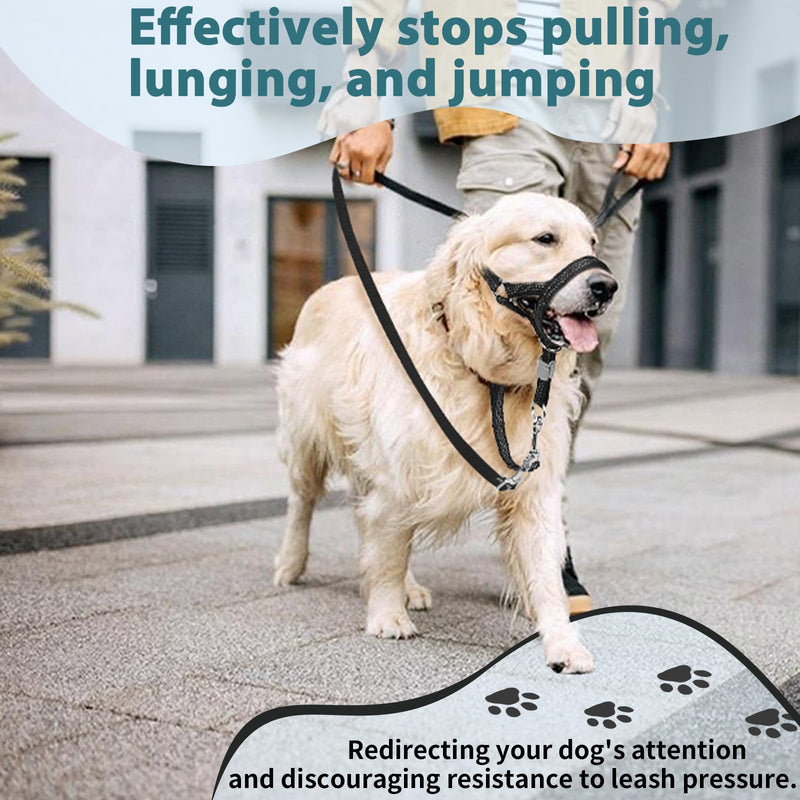 BARKLESS Sturdy No Pull Head Collar for Medium Large Dogs, Gentle Reflective Head Halter with Safety Link, Adjustable Nylon Dog Training Muzzle Leash for Walking Control (Black, XL) Black XL(Snout 10¼”-13”)