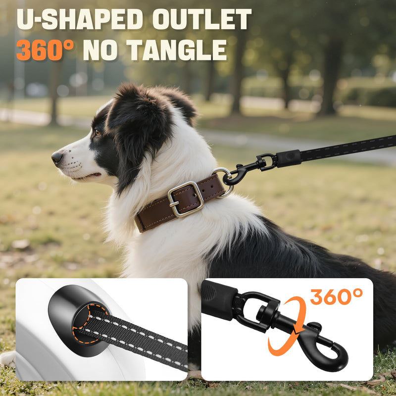 Retractable Dog Leash with LED Light & Reflective Tape for Night Walk, 16ft Dog Leash with Poop Bag Dispenser, Chew-Proof Steel Cable, One-Button Brake & Lock for Medium Dogs up to 66 lbs (BLK&WHT) Coal