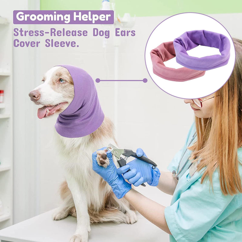 2 Pcs Dog Snood for Neck and Ears Warmer, Pet Cat Dog Hoodie with Noise Protection and Anxiety Relief (Purple+Pink, L)