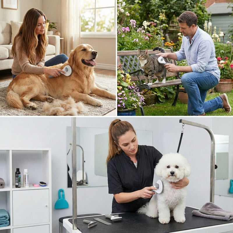 Self Cleaning Slicker Brush for Dogs Cats Bunnies - One-Click Pet Grooming Shedding Tool, Removes Loose Undercoat Tangles, Gentle Massaging Bristles for Long/Short Hair Pets Grey
